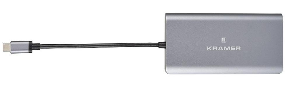 Переходник с USB тип C (вилка) на HDMI (розетка), DisplayPort (розетка), Ethernet, разъемы для карт SD, 2хUSB 3.0 (розетка) и USB тип C (розетка) для зарядки мобильных устройств.