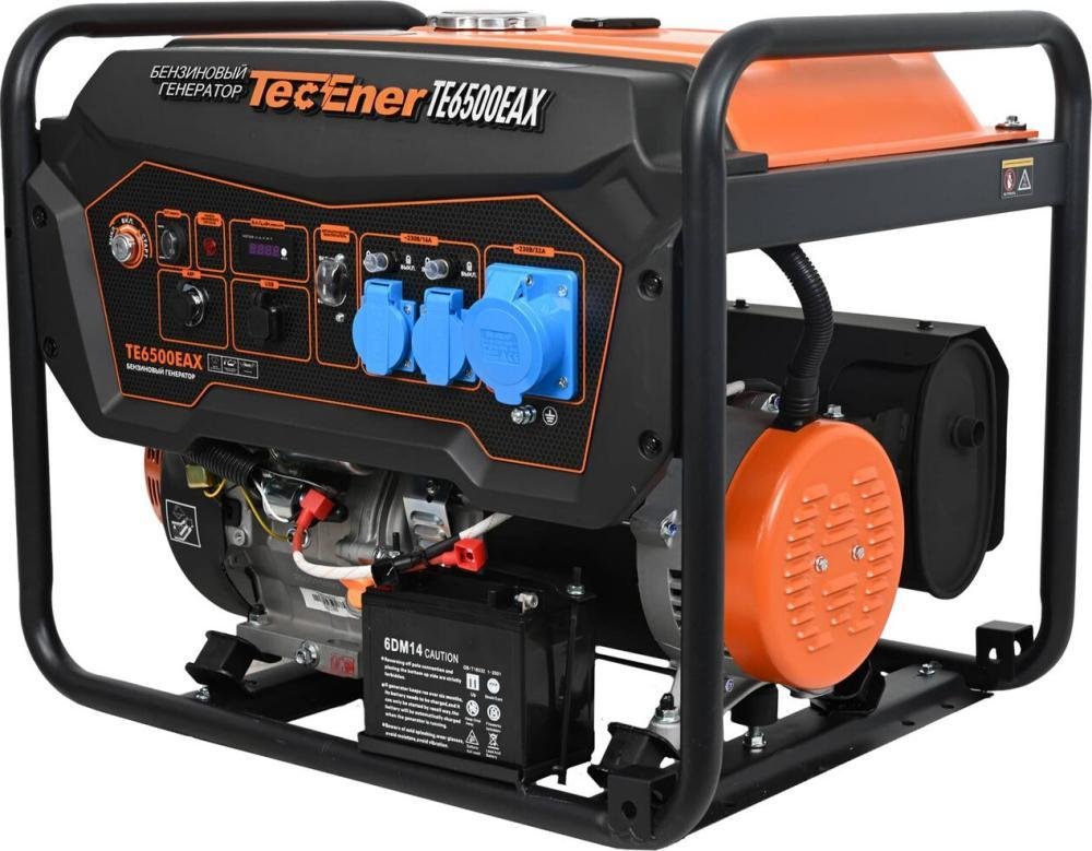 TecEner TE 6500EAX (1130601) Бензиновый генератор TE6500EAX 6.5 кВт, 1 фаза, розетки 16Ах2, 32Ах1, запуск ручной/электростарт/автоматический, автономность 8 часов, бак 20 литров, вес 81.7 кг, размер 690х530х560, гарантия 2+2