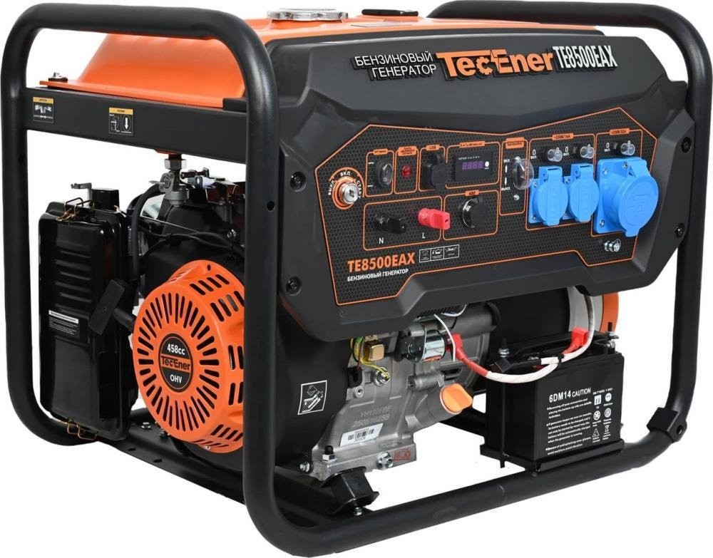 TecEner TE 8500EAX (1130801) Бензиновый генератор TE8500EAX 8.5 кВт, 1 фаза, розетка 16Ах2, 32Ах1, запуск ручной/электростарт/автоматический, автономность 8 часов, бак 20 литров, вес 95,8 кг, размер 720х540х595 мм, гарантия 2+2.