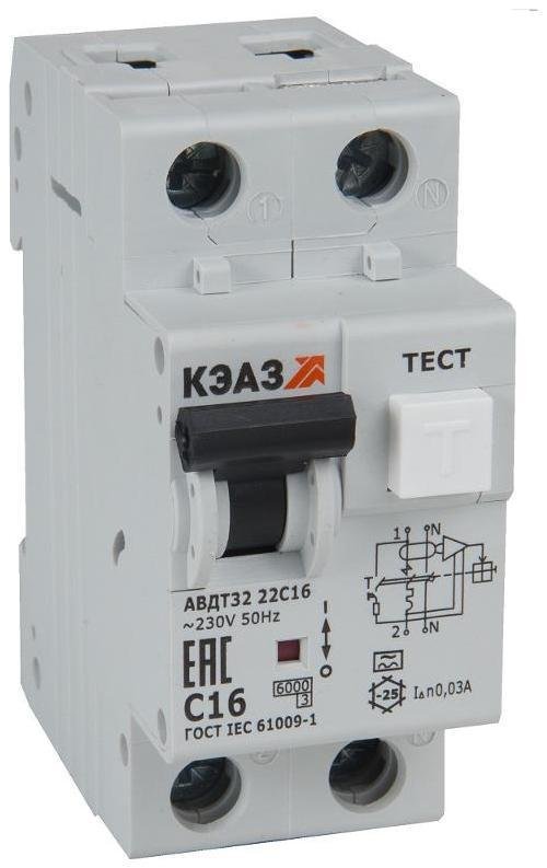 КЭАЗ 228064 Выключатель автоматический дифференциального тока 2п C 10А 30мА тип A 6кА АВДТ32-22C10 A УХЛ4
