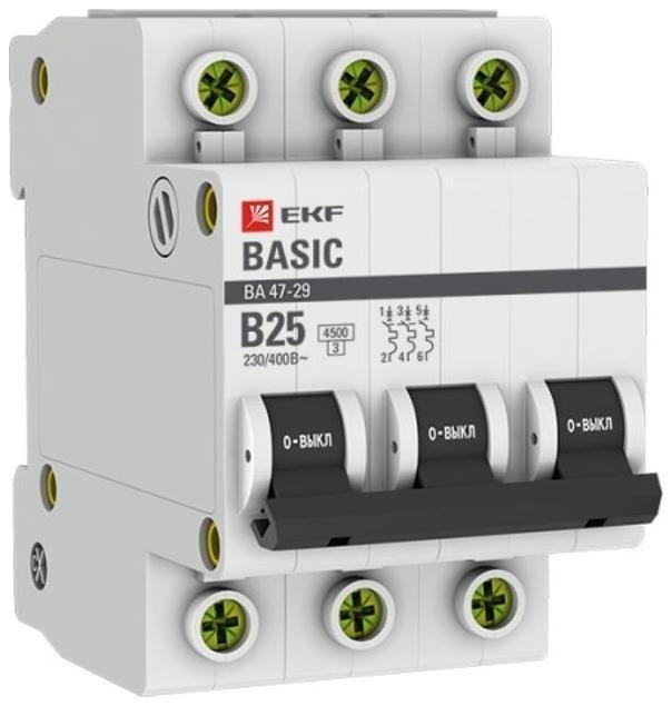 EKF mcb4729-3-25-B Выключатель автоматический модульный 3п B 25А 4.5кА ВА 47-29 Basic