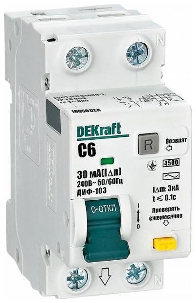 DEKraft 16050DEK Выключатель автоматический дифференциального тока 2п (1P+N) C 6А 30мА тип AC 4.5кА ДИФ-103