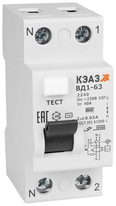 КЭАЗ 221903 Выключатель дифференциального тока (УЗО) 2п 25А 30мА тип AC ВД1-63 2225 УХЛ4