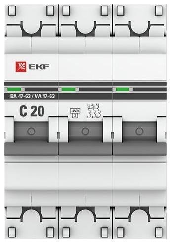 EKF mcb4763-3-20C-pro Выключатель автоматический модульный 3п C 20А 4.5кА ВА 47-63 PROxima