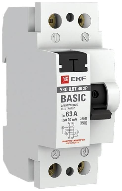 EKF elcb-2-63-30e-sim Выключатель дифференциального тока (УЗО) 2п 63А 30мА тип AC Basic электрон.EKF