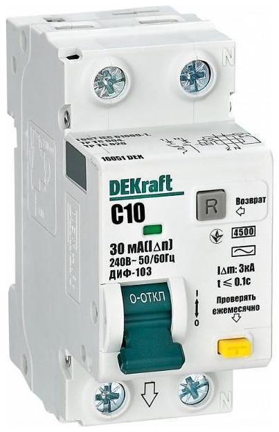 DEKraft 16051DEK Выключатель автоматический дифференциального тока 2п (1P+N) C 10А 30мА тип AC 4.5кА ДИФ-103