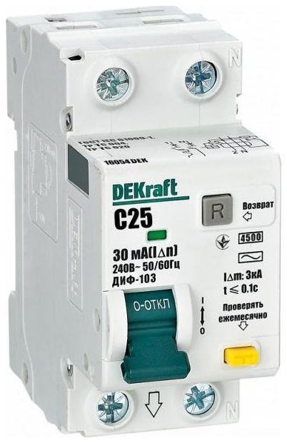 DEKraft 16054DEK Выключатель автоматический дифференциального тока 2п (1P+N) C 25А 30мА тип AC 4.5кА ДИФ-103