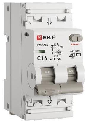EKF D63N26E16C10 Выключатель автоматический дифференциального тока 2п (1P+N) C 16А 10мА тип AC 6кА АВДТ-63N (электрон.) PROxima