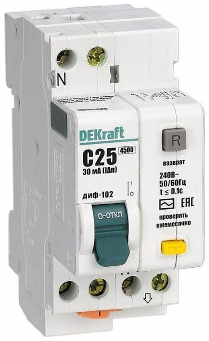 DEKraft 16005DEK Выключатель автоматический дифференциального тока 2п (1P+N) C 25А 30мА тип AC 4.5кА ДИФ-102 2мод