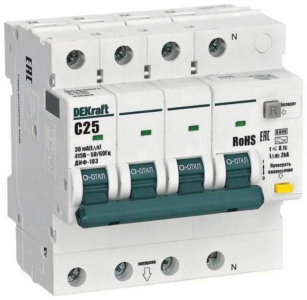 DEKraft 16403DEK Выключатель автоматический дифференциального тока (АВДТ) 3P+N C 25А 30мА AC ДИФ-103 6кА