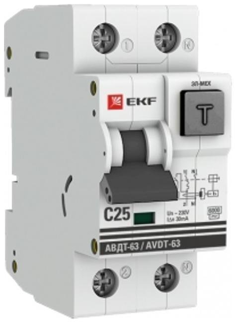 EKF DA63-25-30-AC Выключатель автоматический дифференциального тока 25А 30мА тип AC 6кА АВДТ-63 электромех. PROxima