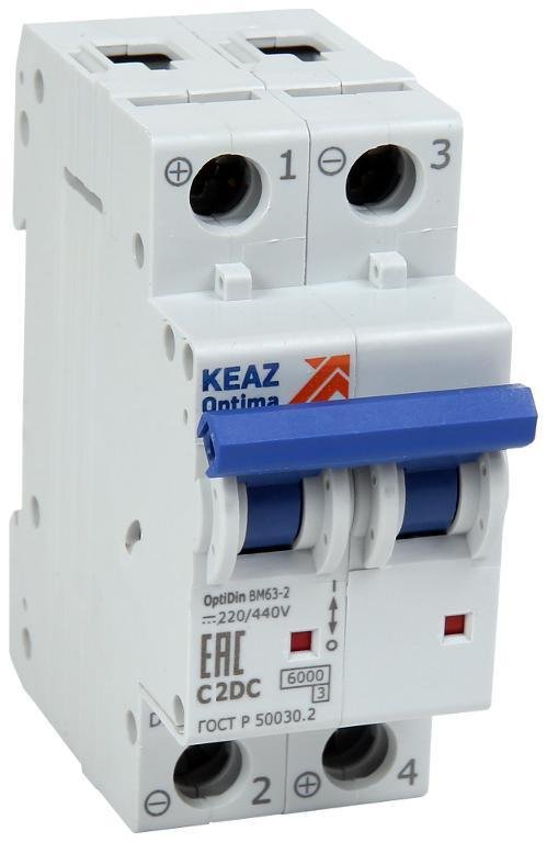 КЭАЗ 261238 Выключатель автоматический модульный 2п C 2А OptiDin BM63-2C2-DC-УХЛ3