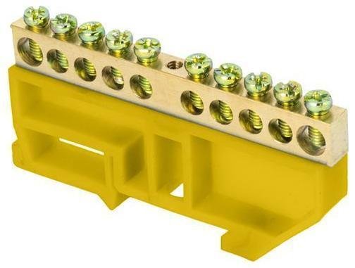 EKF sn0-63-10-dz Шина нулевая N 6х9 10 отверстий желт. изолятор на DIN-рейку латунь PROxima