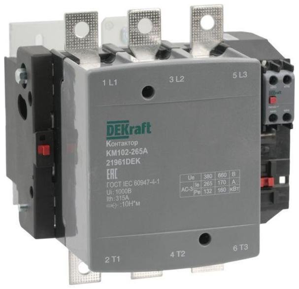 DEKraft 21961DEK Контактор 265А 220В АС АС3 АС4 1НО+1НЗ КМ-102