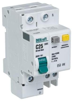 DEKraft 15159DEK Выключатель автоматический дифференциального тока 2п (1P+N) C 25А 30мА тип AC ДИФ-101 со встроен. защит. от сверхтоков