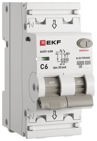 EKF D63N26EA6C30 Выключатель автоматический дифференциального тока 2п (1P+N) C 6А 30мА тип A 6кА АВДТ-63N (электрон.) PROxima