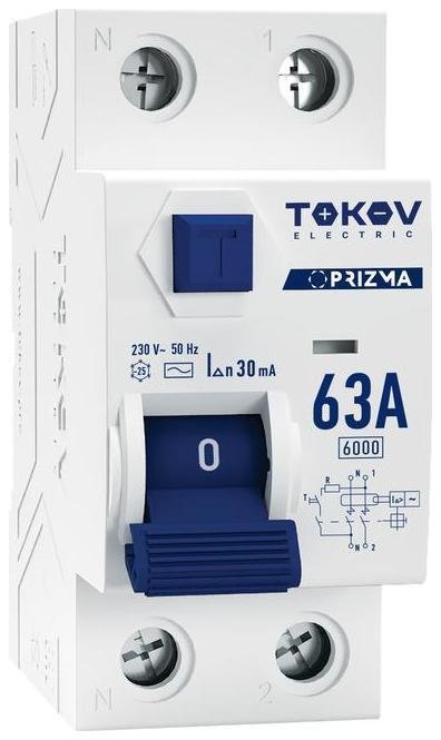 TOKOV electric TKE-PZ60-RCDM-2-63-30-AC Выключатель дифференциального тока (УЗО) 2п (1P+N) 63А 30мА тип AC 6кА PRIZMA