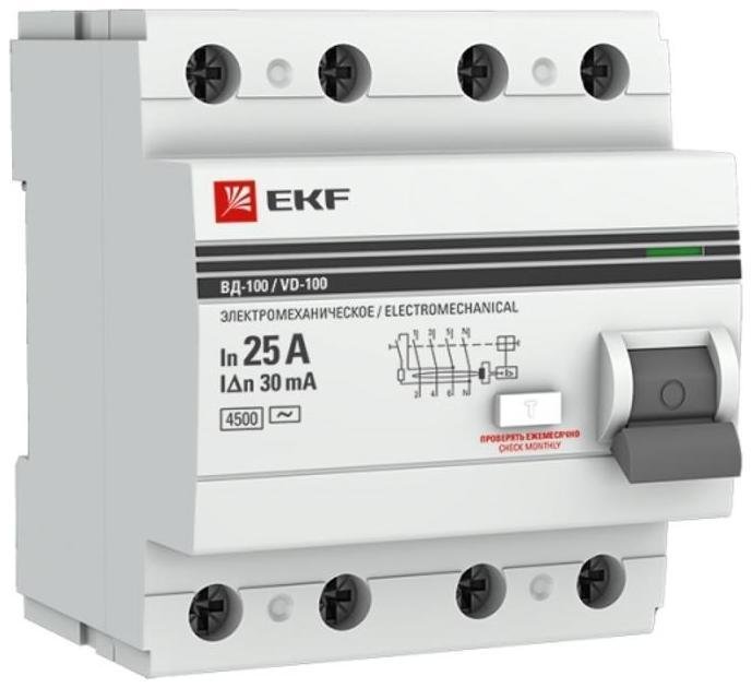 EKF elcb-4-25-30-em-pro Выключатель дифференциального тока (УЗО) 4п 25А 30мА тип AC ВД-100 (электромех.) PROxima