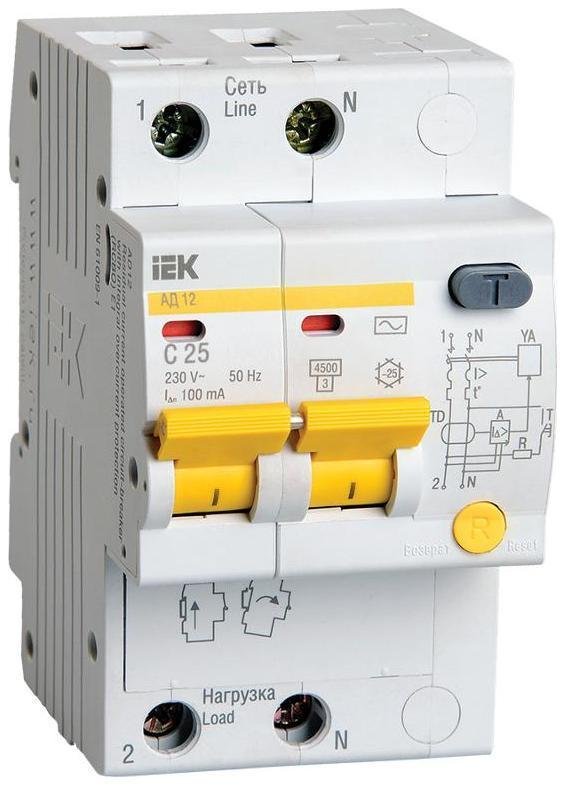 IEK MAD10-2-025-C-100 Выключатель автоматический дифференциального тока 2п C 25А 100мА тип AC 4.5кА АД-12 KARAT