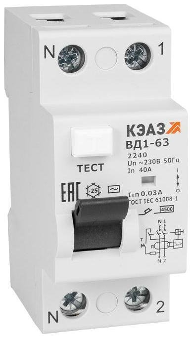 КЭАЗ 221902 Выключатель дифференциального тока (УЗО) 2п 16А 30мА тип AC ВД1-63 2216 УХЛ4