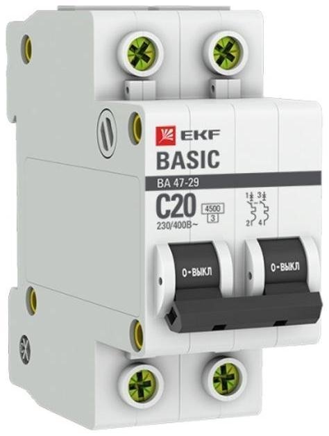 EKF mcb4729-2-20C Выключатель автоматический модульный 2п C 20А 4.5кА ВА 47-29 Basic