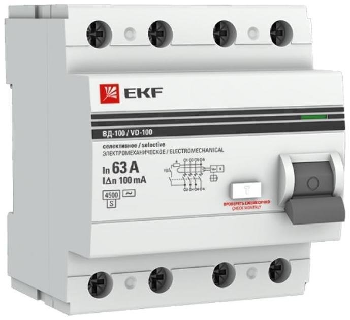 EKF elcb-4-63-100S-em-pro Выключатель дифференциального тока (УЗО) 4п 63А 100мА тип AC ВД-100 (электромех.) PROxima