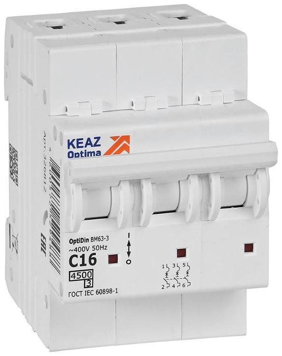 КЭАЗ 326812 Выключатель автоматический модульный 3п C 16А OptiDin BM63-3C16-4.5-УХЛ3