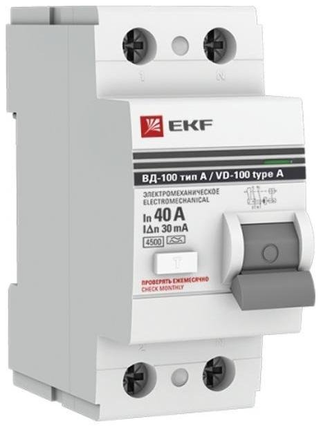 EKF elcb-2-40-30-em-a-pro Выключатель дифференциального тока (УЗО) 2п 40А 30мА тип A ВД-100 (электромех.) PROxima