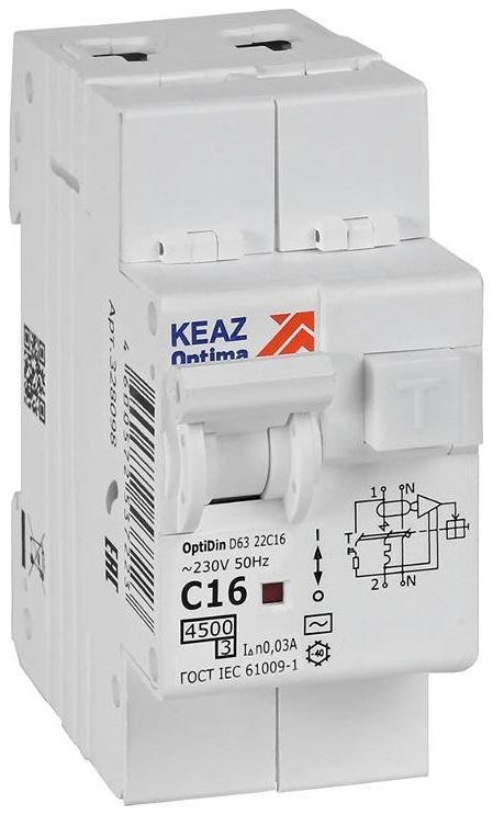 КЭАЗ 328098 Выключатель автоматический дифференциального тока 2п C 16А 30мА тип AC 4.5кА OptiDin D63-22C16-AC-У3 с защитой от сверхтоков