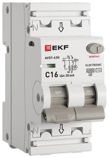 EKF D63N26E16C30 Выключатель автоматический дифференциального тока 2п (1P+N) C 16А 30мА тип AC 6кА АВДТ-63N (электрон.) PROxima