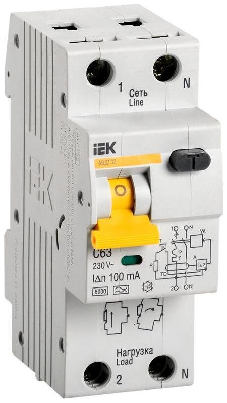 IEK MAD22-5-063-C-100 Выключатель автоматический дифференциального тока 2п (1P+N) C 63А 100мА тип A 6кА АВДТ-32 KARAT