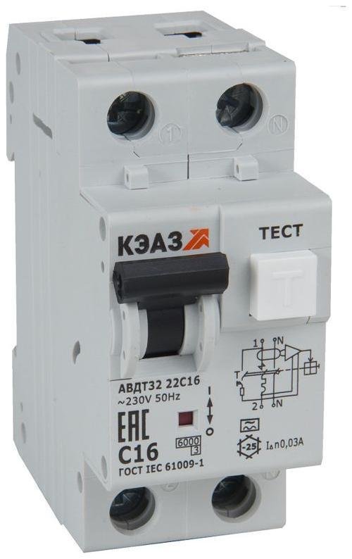 КЭАЗ 228066 Выключатель автоматический дифференциального тока 2п C 20А 30мА тип A 6кА АВДТ32-22C20 A УХЛ4