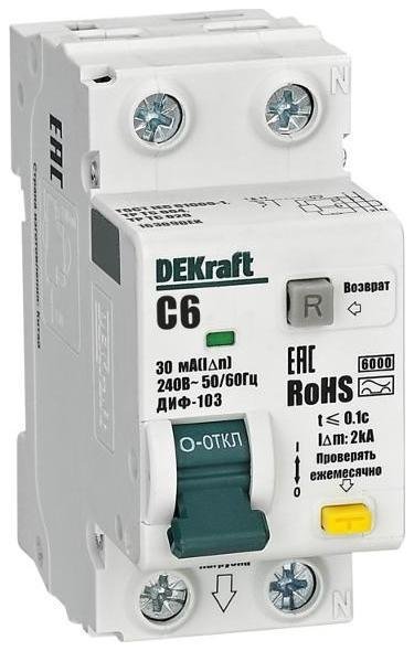 DEKraft 16309DEK Выключатель автоматический дифференциального тока (АВДТ) 1P+N 6А 30мА AC х-ка C ДИФ-103 6кА