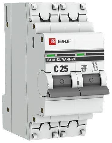 EKF mcb4763-2-25C-pro Выключатель автоматический модульный 2п C 25А 4.5кА ВА 47-63 PROxima