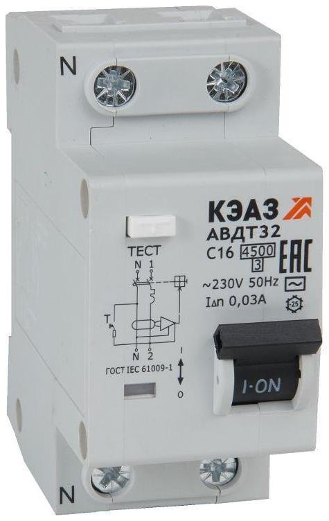 КЭАЗ 318361 Выключатель автоматический дифференциального тока 2п C 16А 30мА тип AC 4.5кА АВДТ32-22C16-AC УХЛ4