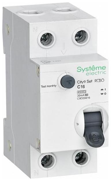 Systeme Electric C9D55616 Выключатель автоматический дифференциального тока 2п (1P+N) C 16А 30мА тип A 4.5кА City9 Set 230В SE