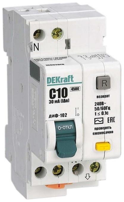 DEKraft 16002DEK Выключатель автоматический дифференциального тока 2п (1P+N) C 10А 30мА тип AC 4.5кА ДИФ-102 2мод