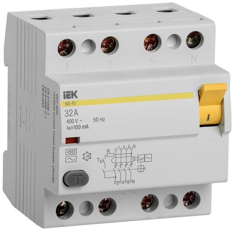 IEK MDV10-4-032-100 Выключатель дифференциального тока (УЗО) 4п 32А 100мА тип AC ВД1-63 KARAT