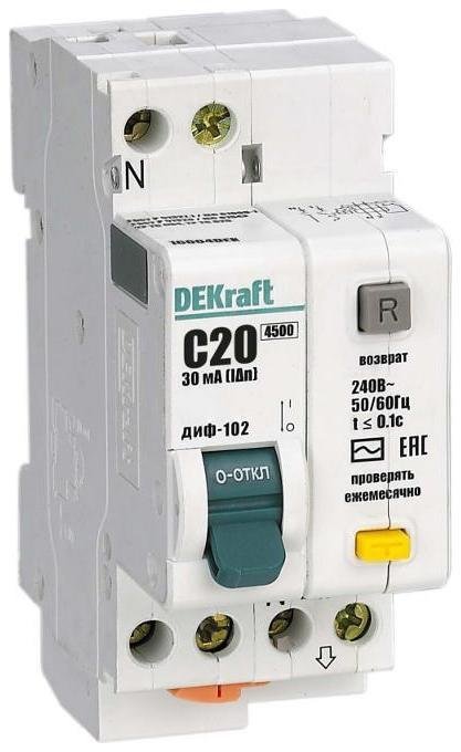 DEKraft 16004DEK Выключатель автоматический дифференциального тока 2п (1P+N) C 20А 30мА тип AC 4.5кА ДИФ-102 2мод