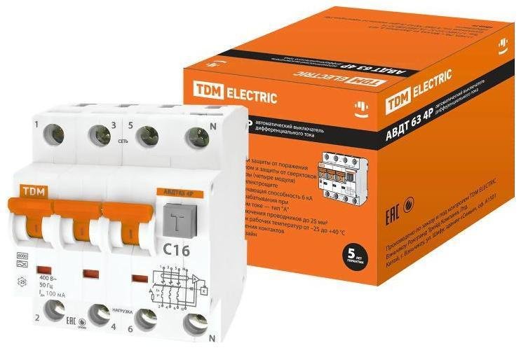 TDM electric SQ0202-0021 Выключатель автоматический дифференциального тока АВДТ 63 3п+N 16А C 100мА тип A
