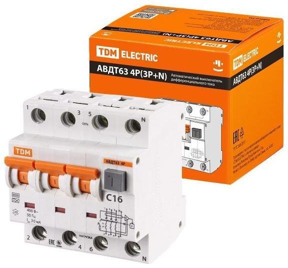 TDM electric SQ0202-0017 Выключатель автоматический дифференциального тока АВДТ 63 3п+N 16А C 30мА тип A