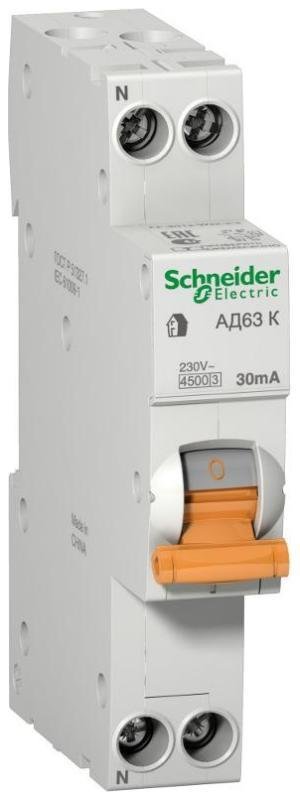 Schneider Electric 12524 Выключатель автоматический дифференциального тока АД63 К 1п+N 25А C 30мА тип AC (1 мод)