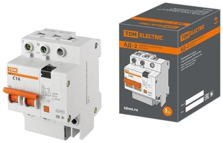TDM electric SQ0221-0001 Выключатель автоматический дифференциального тока АД-2 2п 16А C 30мА тип AC (4 мод)