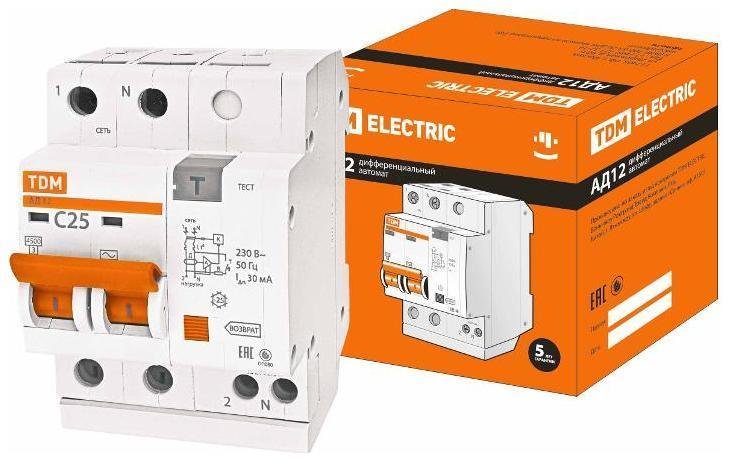 TDM electric SQ0204-0011 Выключатель автоматический дифференциального тока АД12 2п 25А C 30мА тип AC (4 мод)