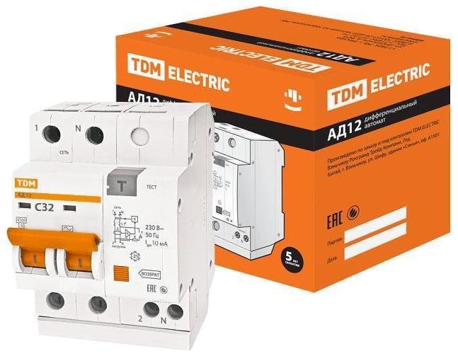 TDM electric SQ0204-0013 Выключатель автоматический дифференциального тока АД12 2п 32А C 10мА тип AC (4 мод)