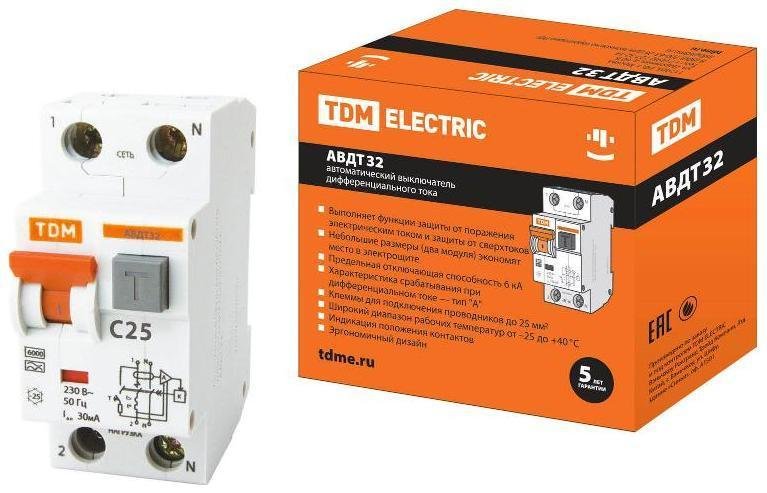TDM electric SQ0202-0031 Выключатель автоматический дифференциального тока АВДТ 32 1п+N 25А C 30мА тип A