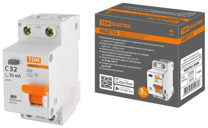 TDM electric SQ0202-0506 Выключатель автоматический дифференциального тока АВДТ 32 1п+N 32А C 30мА тип АС 4,5кА