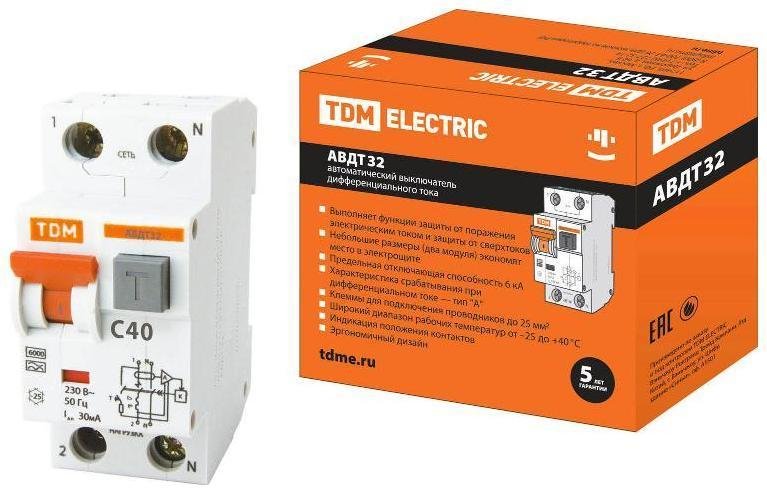 TDM electric SQ0202-0033 Выключатель автоматический дифференциального тока АВДТ 32 1п+N 40А C 30мА тип A