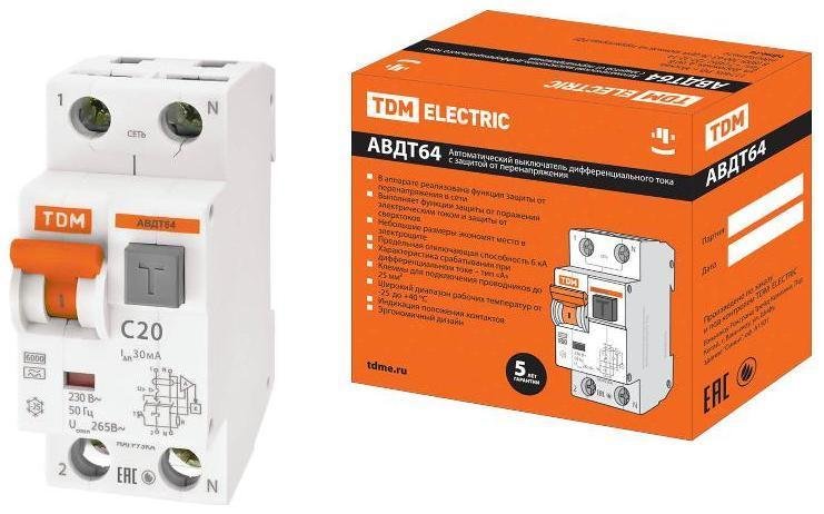 TDM electric SQ0205-0005 Выключатель автоматический дифференциального тока АВДТ 64 1п+N 20А C 30мА тип A