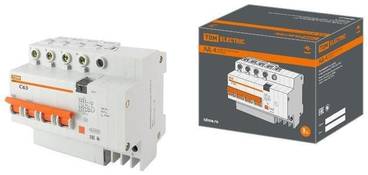 TDM electric SQ0221-0010 Выключатель автоматический дифференциального тока АД-4 4п 63А C 30мА тип AC (7 мод)